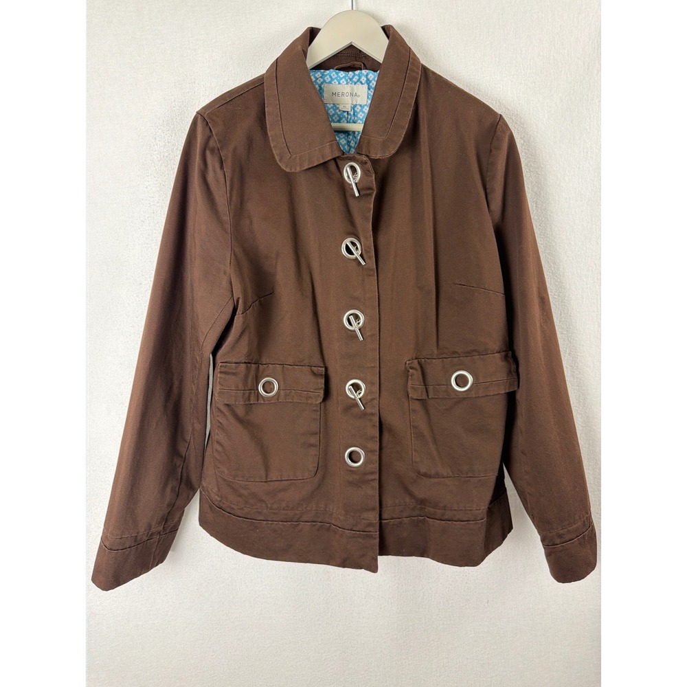 Merona Womens XL Brown Cotton Toggle Utility Jacket Floral Lined Grommet Detail
